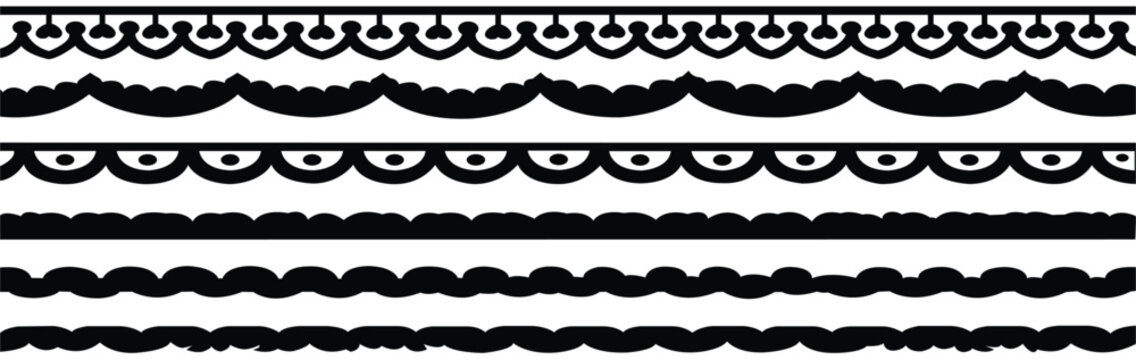 Black scallop lace border vector set with seamless decorative edge trim.