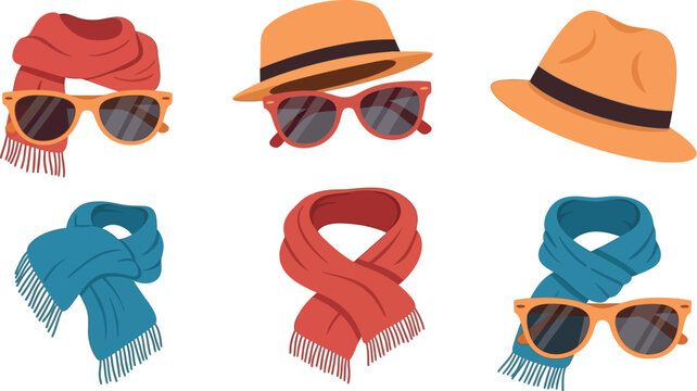 Collection of colorful winter scarves and stylish summer sun hats paired with assorted sunglasses for complete seasonal fashion accessory sets