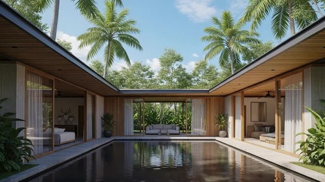 Modern tropical courtyard villa with reflecting pool and palm trees, open plan living space with glass walls and wooden ceiling, serene luxury architecture at sunset