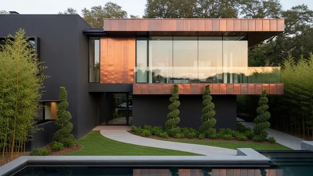 Modern luxury house exterior with large glass windows and wood cladding at dusk, contemporary residential architecture with landscaped garden and swimming pool in backyard, cinematic wide shot