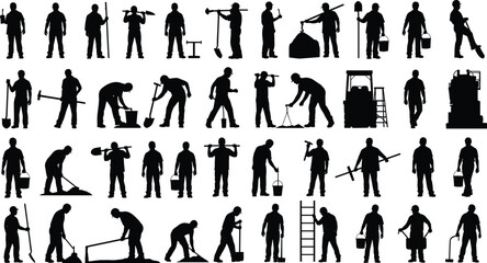 Collection of construction worker silhouettes, manual laborers with tools shovel hammer pickaxe bucket, working poses vector illustration set industrial hard work men. © Iqbal creative 