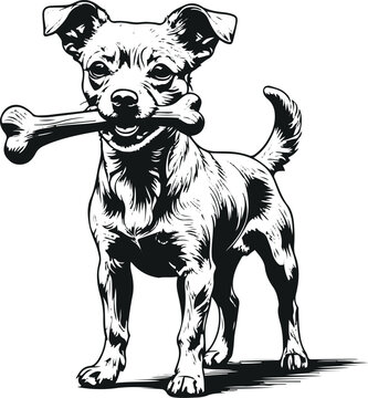 Extreme bold line art monochrome vector of a small dog holding food in mouth while standing, oversized outline stroke, simple geometric shapes, no shadows, white background 3