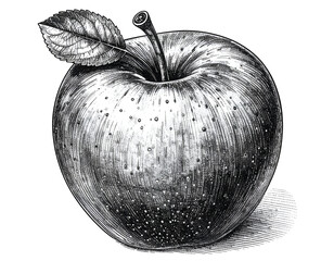 Orchard's Delight: A beautifully rendered monochrome illustration showcases a single, ripe apple, complete with stem and leaf, exuding a timeless charm.