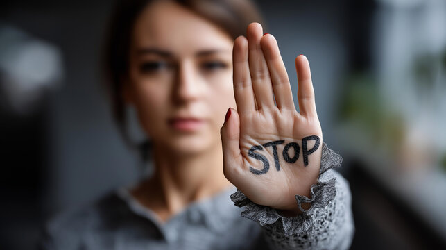 Closeup of faceless woman's hand with word "STOP" written on it, gesturing to reject harassment and set boundaries, concept of protection, consent, fighting violence, with copy