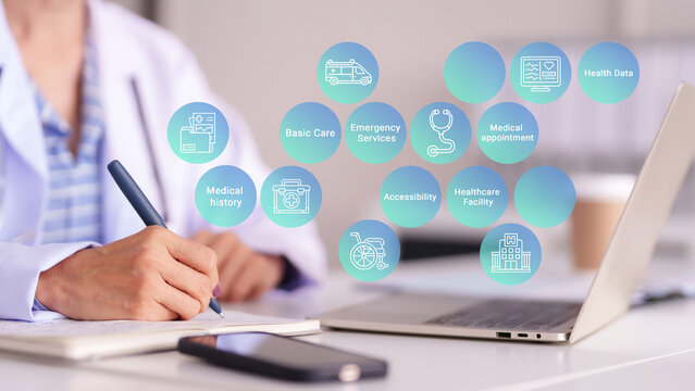 Doctor manages comprehensive healthcare services with digital icons showing medical history basic care appointments health data and emergency response for patient care healthcare medical technology