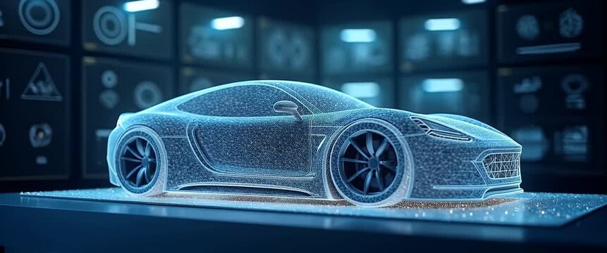 Futuristic sports car hologram rotates elegantly, with a steady camera pan capturing its sleek design; ambient lights flicker in a high-tech showroom, offering a cinematic, innovative technology showc