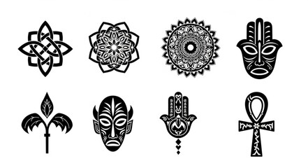 Collection of eight diverse cultural symbols and icons.