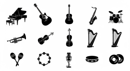 Collection of Musical Instruments Silhouettes Isolated on White. © Chanyan