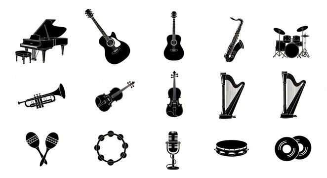 Collection of Musical Instruments Silhouettes Isolated on White.
