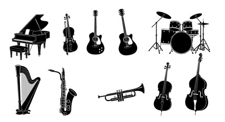 Collection of musical instruments in silhouette. © Chanyan