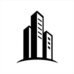Fototapeta premium A minimalist black and white illustration of three modern skyscrapers standing on a curved line against a clean white background