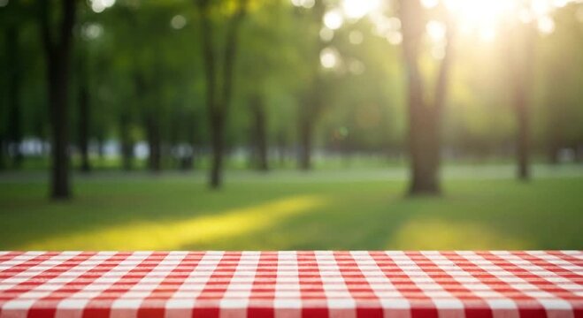 Empty red checkered picnic tablecloth with a bokeh-filled sunny park background