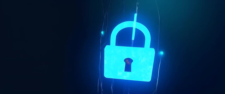 In a cinematic style, digital locks rotate over a world map, with the camera slowly panning to reveal data flow and network connectivity, highlighting cybersecurity and global technology themes.