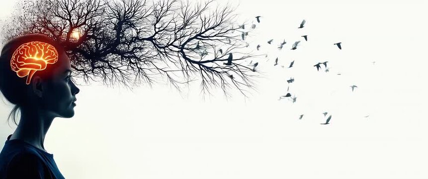 A woman's silhouette with a glowing brain transitions to a tree of thoughts, as birds soar gracefully; camera pans slowly in this cinematic exploration of creativity and innovation.