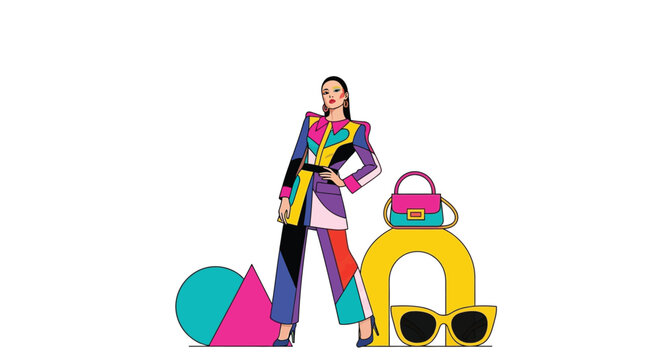 Fashionable woman posing with accessories in a colorful vector graphic illustration design