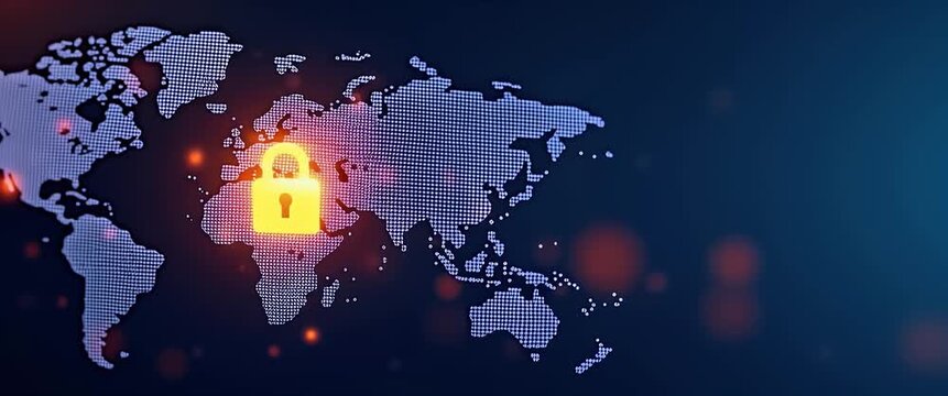 Digital world map with glowing cybersecurity lock icons flicker gently, while the camera performs a slow pan, creating a cinematic atmosphere ideal for technology and data protection themes.