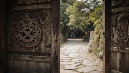 Fototapeta premium Ornate, wooden gate opens to a stone path leading into a verdant forest
