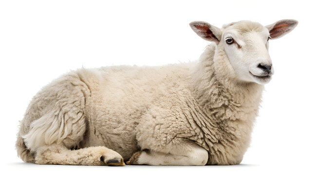 Adorable white sheep lying down looking cute and calm