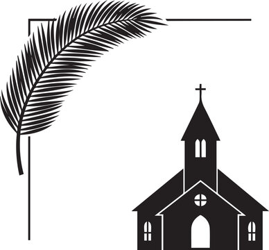 Palm Sunday church silhouette vector illustration with decorative palm leaf frame element design
