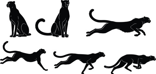 PrintBlack Cheetah Silhouettes Set Isolated on White Background, Fast Running African Leopard Poses, Wild Cat Animal Vector Graphics for Sports and Speed Design © Mst