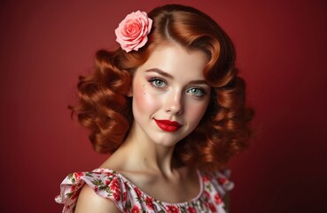Fototapeta premium Vintage styled woman with red hair and rose accessory smiles coyly. She wears floral dress, bright red lipstick, and has striking green eyes. Her makeup is classic pin-up.