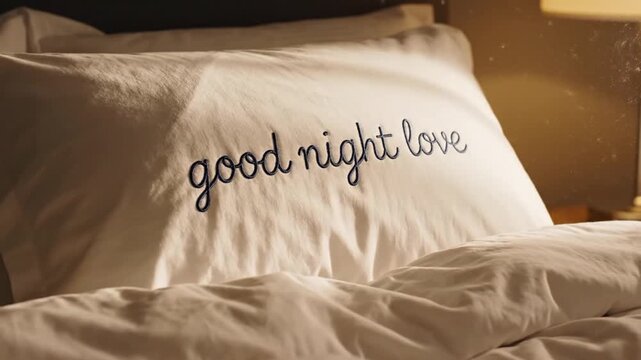 Cozy bedroom pillow with good night love message in elegant script