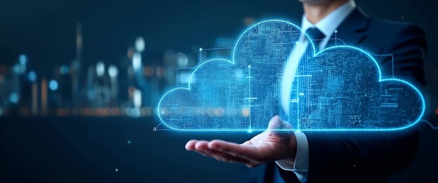Businessman presents a glowing digital cloud with complex data patterns in a futuristic cityscape; camera pans slowly, lights flicker gently, creating a cinematic tech-forward atmosphere.