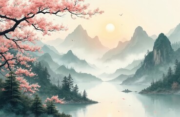 Naklejka premium Serene Chinese landscape painting shows mist covered mountains and trees near calm lake. Pink cherry blossoms bloom on branches over tranquil water and sky. Birds fly near sun.