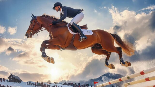 white rider on chestnut horse leaping over arena fence at sunset, dramatic clouds backlight, snow spray and sunbeam, powerful gallop and athletic posture,