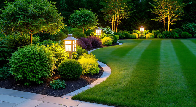 Beautifully lit garden with manicured lawn and landscaping at night