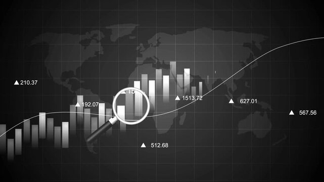 Monochrome global financial chart with magnifying glass animation, Financial chart with bar graphs, line trend magnifying glass overlay