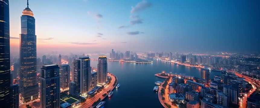 Majestic skyscrapers illuminate the vibrant cityscape at dusk, as the camera slowly pans over the serene waterfront, capturing the bustling urban skyline in a cinematic style.