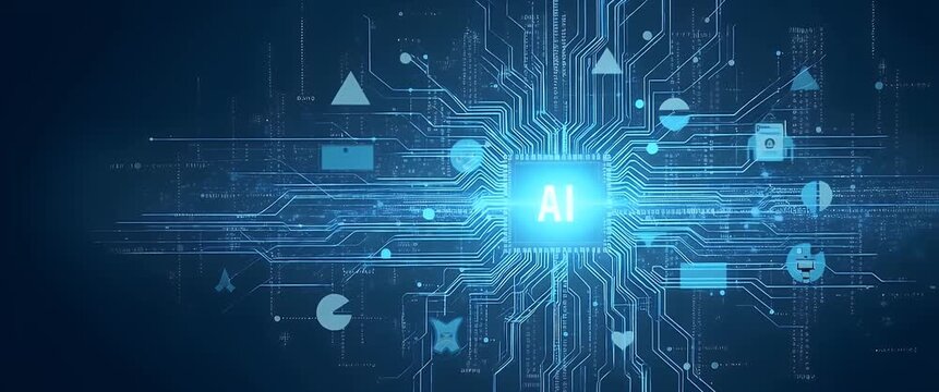 Futuristic digital interface with AI elements in a cinematic style, as glowing icons subtly pulse; camera executes a slow pan across the scene, highlighting the advanced technology theme.