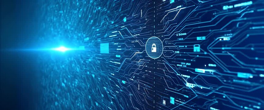 Cinematic view of digital security network as data flows dynamically across a virtual interface, with a smooth camera pan revealing a futuristic landscape of cybersecurity and technology.