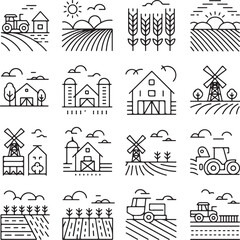 Fototapeta premium farm agriculture icons set vector line tractor barn silo field sunrise