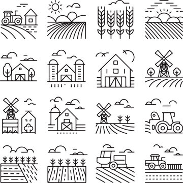 farm agriculture icons set vector line tractor barn silo field sunrise