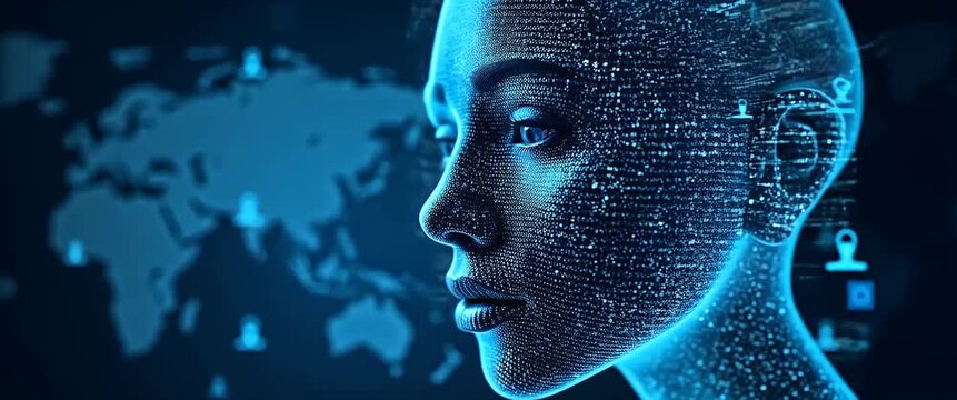 Futuristic digital face profile with animated data streams, world map in background, slow camera pan, ambient glow, cinematic style; explore artificial intelligence, technology, innovation.