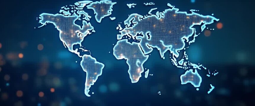Digital world map pulses with glowing data points as the camera slowly pans across a dynamic, bokeh-lit background in a cinematic style, highlighting global connectivity and innovation.