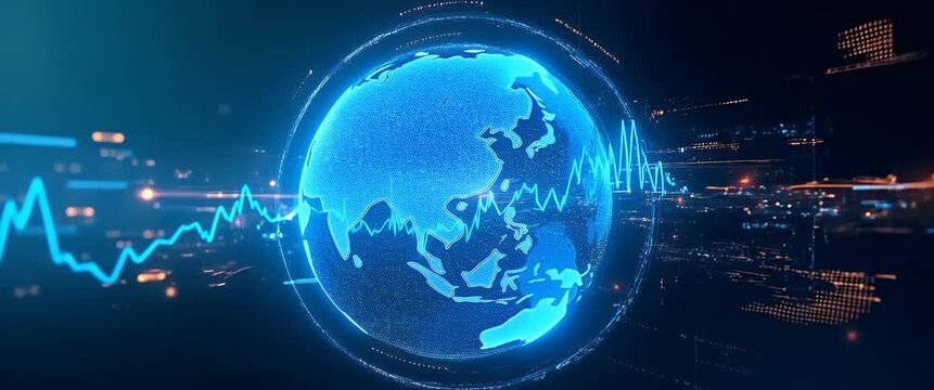 Futuristic digital globe rotates smoothly as data streams flow dynamically around it; camera gently pans across this cinematic, high-tech landscape, highlighting innovation and technology.