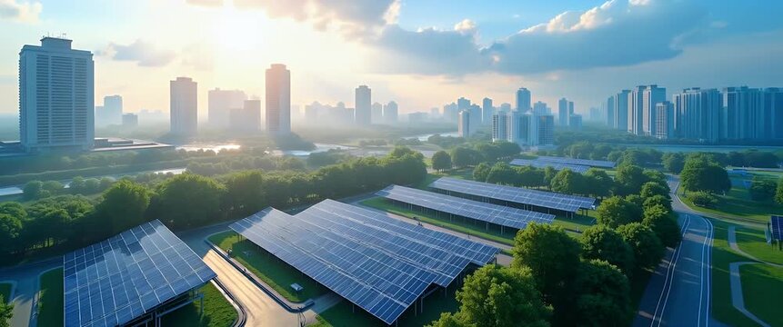 Aerial cinematic view of solar panels in a green urban landscape as the camera slowly pans, capturing sunlit skyscrapers in the background with gentle cloud movements, embodying sustainable city livin