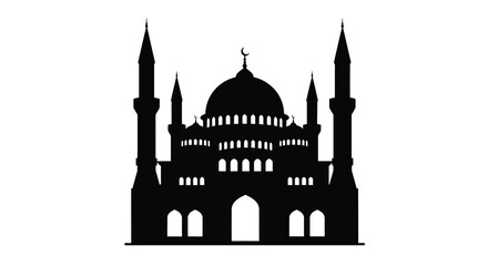 Detailed black silhouette of a mosque with minarets and a dome silhouette © asma