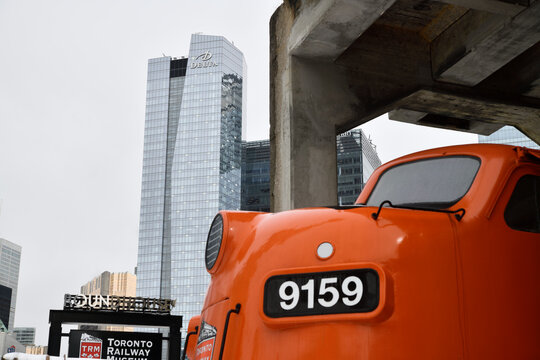 nose and cab section of #9159, a 1951 General Motors F7 diesel locomotive at Toronto Railway Museum, Roundhouse Park