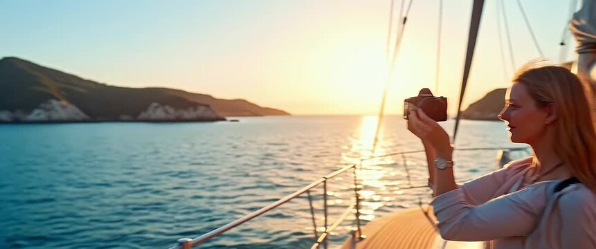 Travel blogger capturing panoramic sea views from teak deck of modern catamaran at sunrise DSLR in hand documenting maritime adventures across azure waters in  Photo Stock  Concept  and empty space on