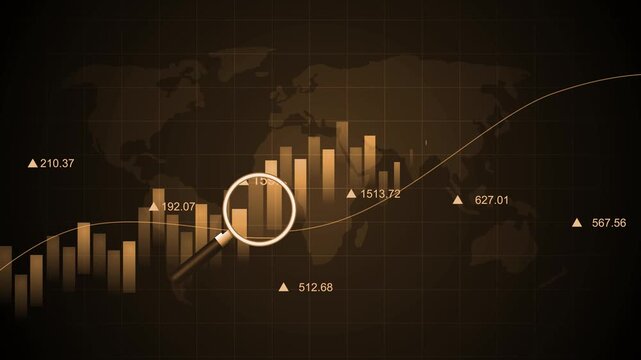 Monochrome global financial chart with magnifying glass animation, Financial chart with bar graphs, line trend magnifying glass overlay