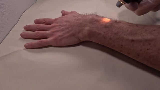 Dermatologist dermatoscope skin cancer screening male patient; close-up dermoscopy exam early melanoma detection prevention. Mole check, mapping, nevus exam, oncology, biopsy, medical checkup.	