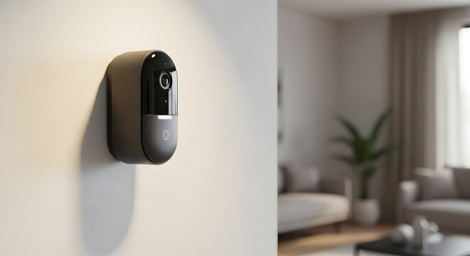 Wall-mounted smart security camera in modern home interior &mdash; home surveillance and safety technology