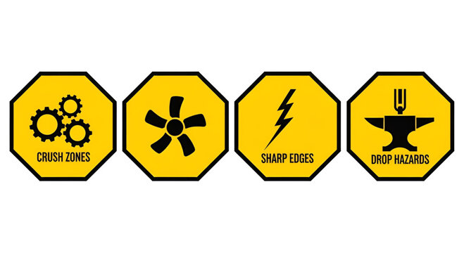 Industrial warning signs for crush zones sharp edges and drop hazards