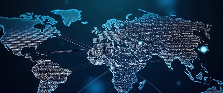 Digital world map lights flicker as the camera slowly pans, showcasing global connectivity in a futuristic, cinematic style, ideal for technology and innovation themes.