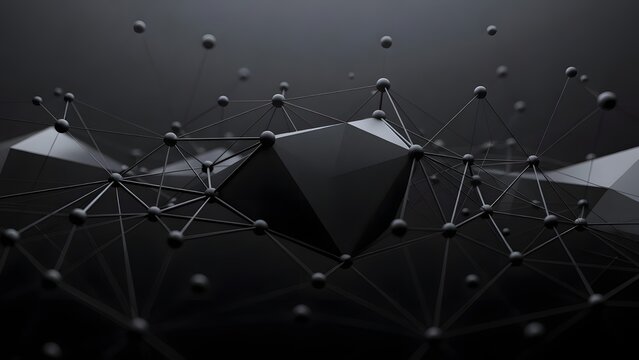Abstract 3D rendering of black geometric spheres and connected lines network background