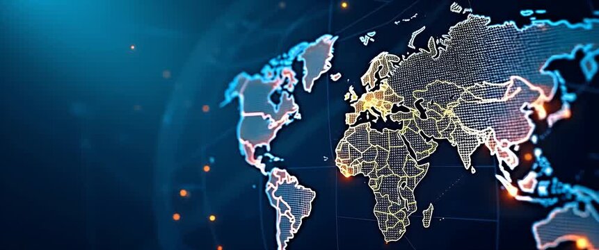 Dynamic digital world map with glowing data points pulses gently as the camera slowly pans, showcasing global connectivity and technological advancement in a futuristic, cinematic style.